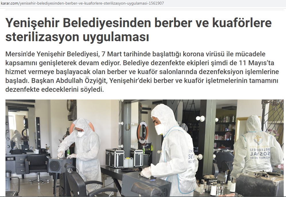 Yenişehir şimdi de berber ve kuaförleri dezenfekte ediyor