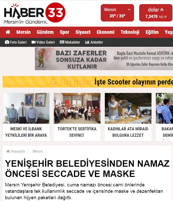Yenişehir Belediyesinden namaz öncesi seccade ve maske