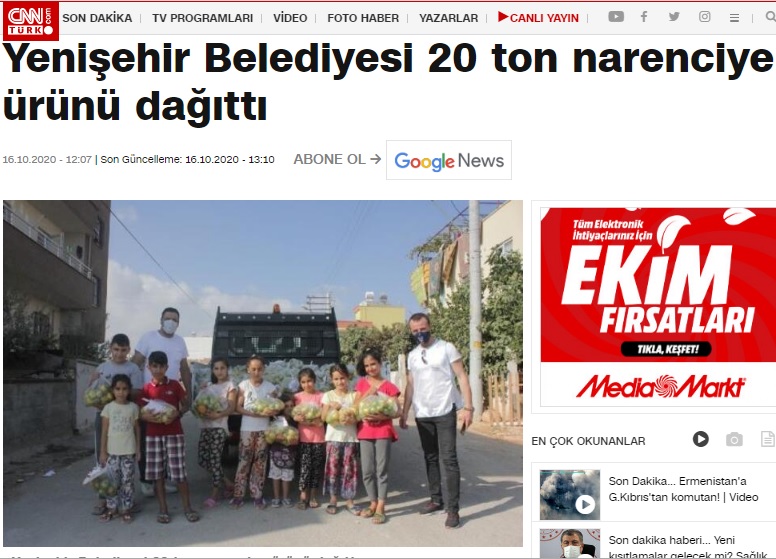 Yenişehir Belediyesi 20 ton narenciye dağıttı