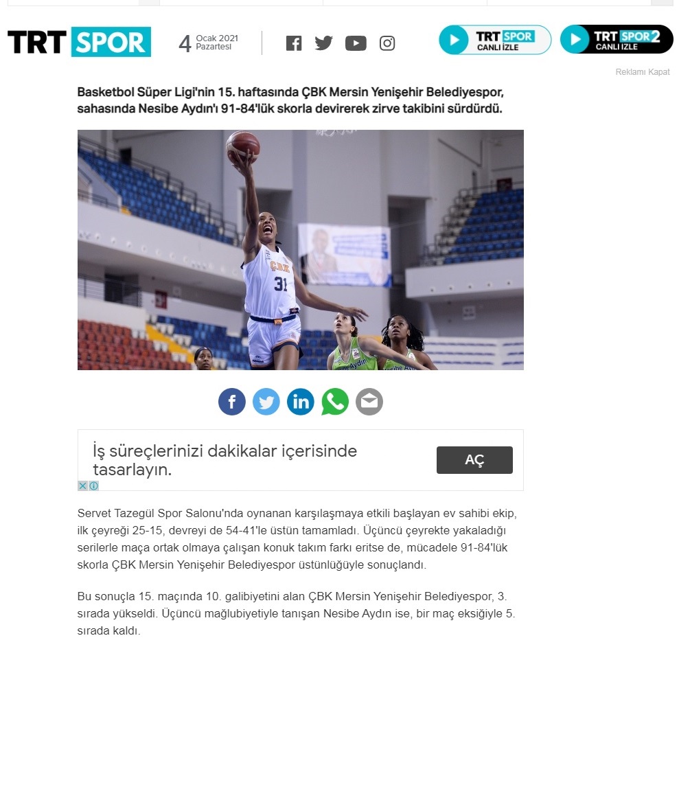 ÇBK Mersin Yenişehir zirve takibinde