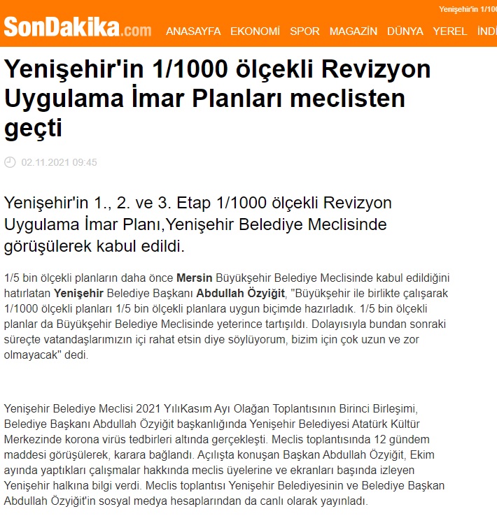 Yenişehir’in 1/1000 ölçekli Revizyon Uygulama İmar Planları meclisten geçti