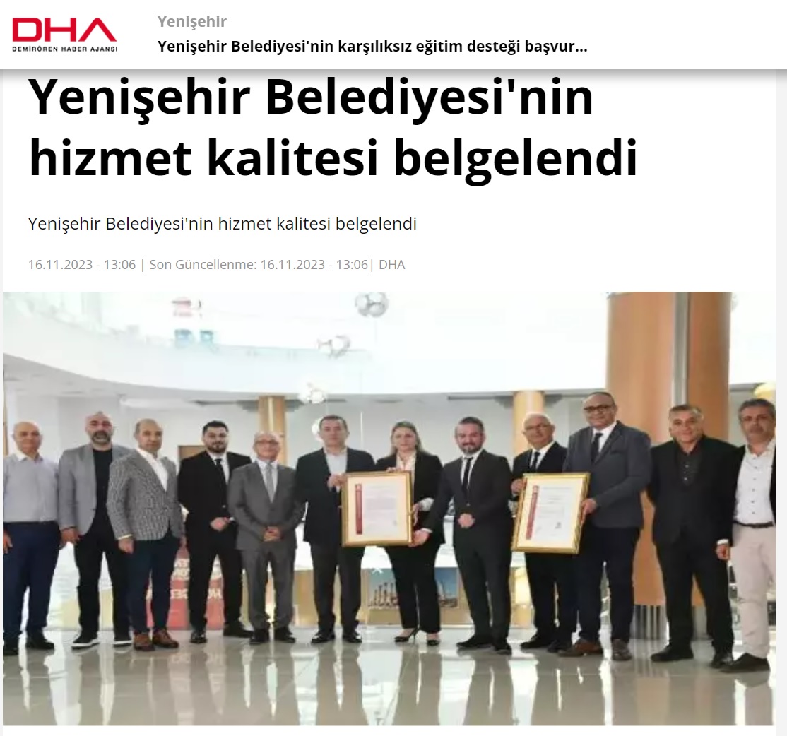 Yenişehir Belediyesinin hizmet kalitesi belgelendi