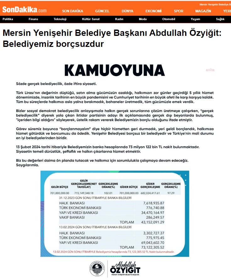 Mersin Yenişehir Belediye Başkanı Abdullah Özyiğit: Belediyemiz borçsuzdur