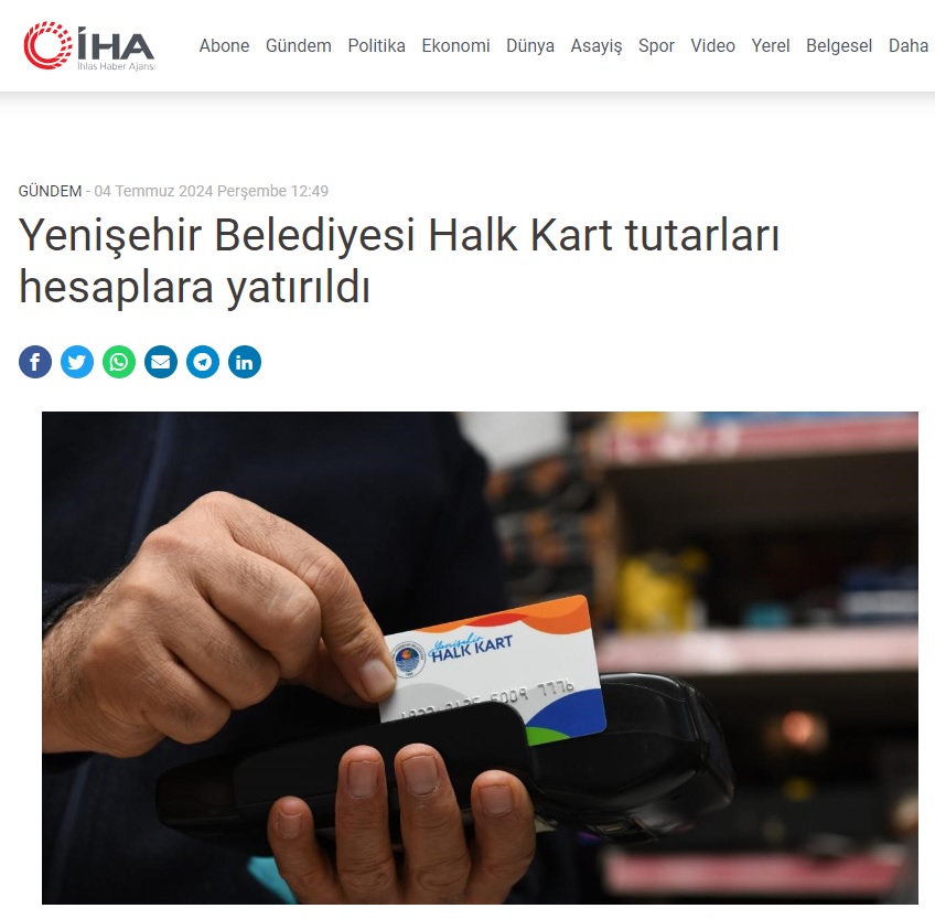 Yenişehir Belediyesi halk kartın aylık tutarlarını yatırdı