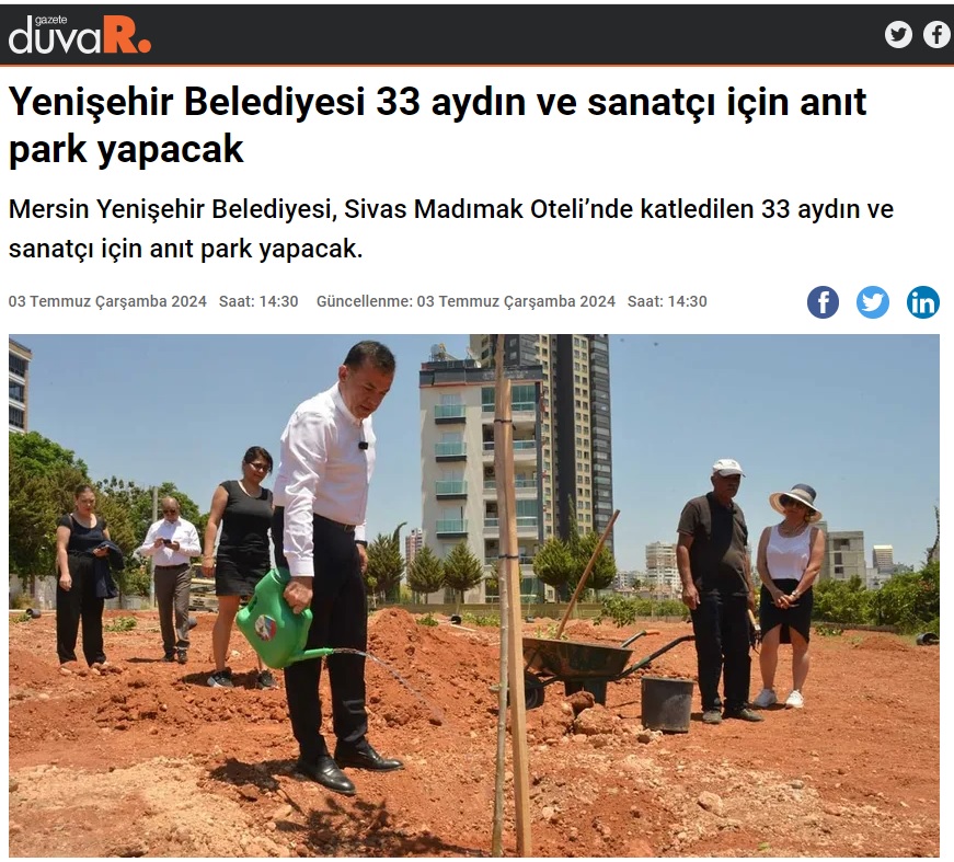 Yenişehir Belediyesi Madımak’ta yaşamını yitirenler için anıt park yapacak