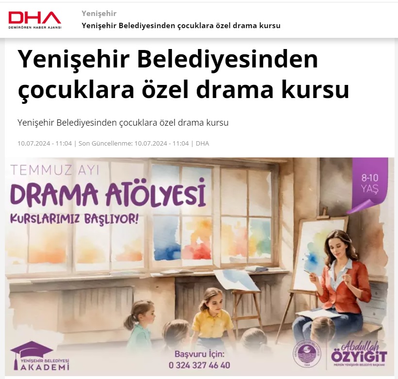 Yenişehir Belediyesinden çocuklara özel drama kursu