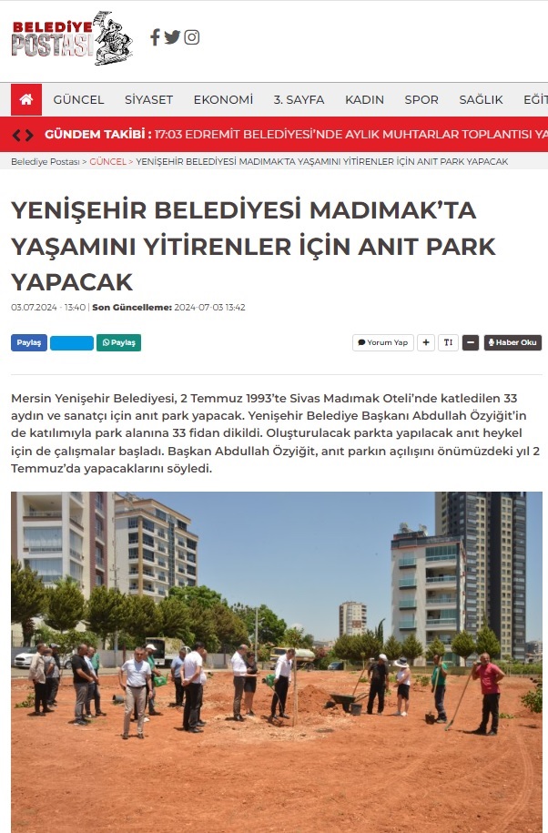 Yenişehir Belediyesi Madımak’ta yaşamını yitirenler için anıt park yapacak