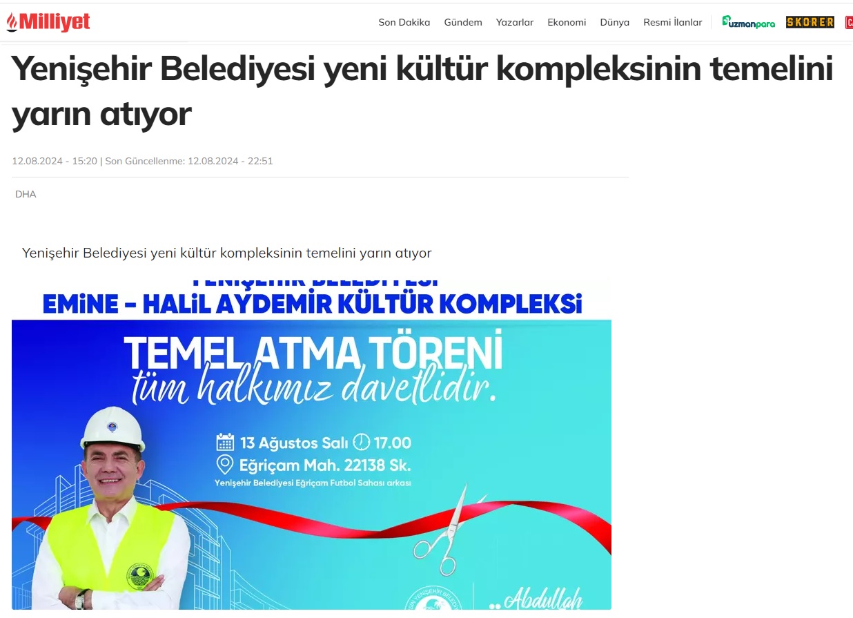 Yenişehir Belediyesi yeni kültür kompleksinin temelini yarın atıyor