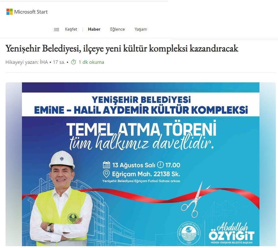 Yenişehir Belediyesi yeni kültür kompleksinin temelini yarın atıyor