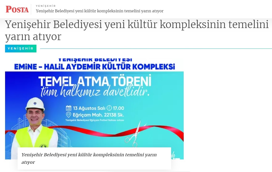 Yenişehir Belediyesi yeni kültür kompleksinin temelini yarın atıyor