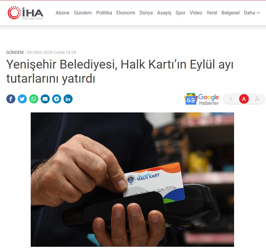 Yenişehir Belediyesi halk kartın aylık tutarlarını yatırdı