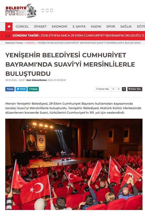 Yenişehir Belediyesi Cumhuriyet Bayramı'nda Suavi'yi Mersinlilerle buluşturdu