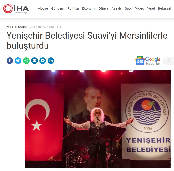 Yenişehir Belediyesi Cumhuriyet Bayramı'nda Suavi'yi Mersinlilerle buluşturdu