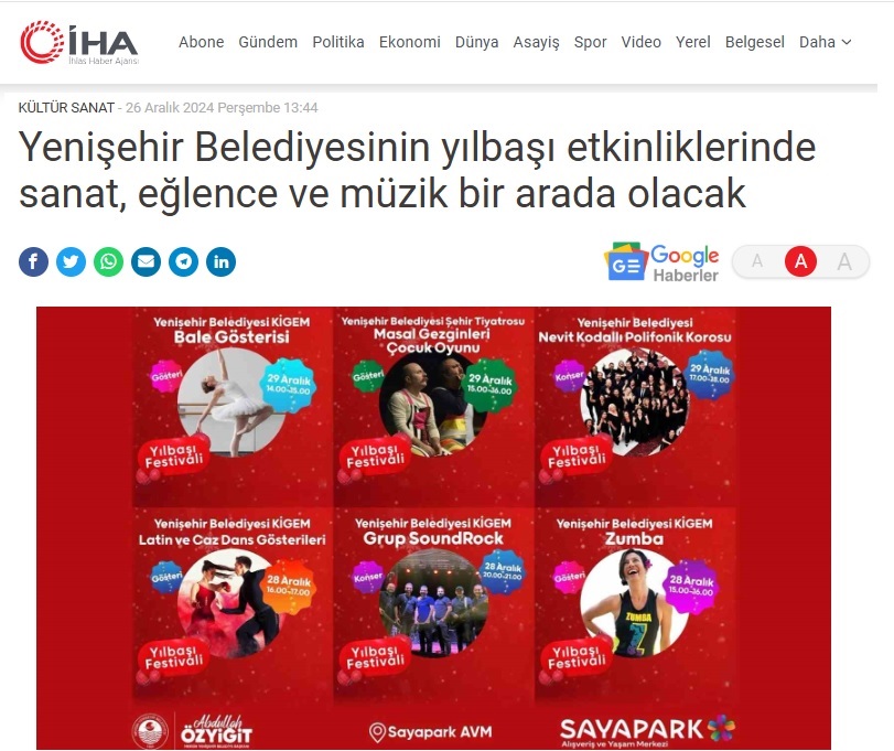 Yenişehir Belediyesinin yılbaşı etkinliklerinde sanat, eğlence ve müzik bir arada olacak