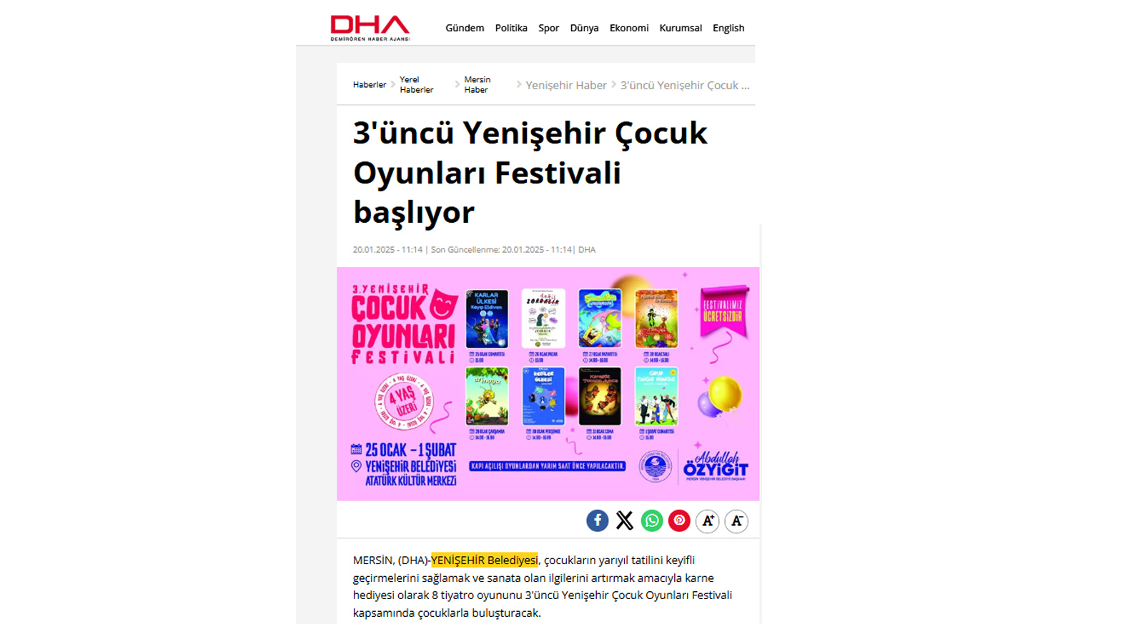 3'üncü Yenişehir Çocuk Oyunları Festivali başlıyor