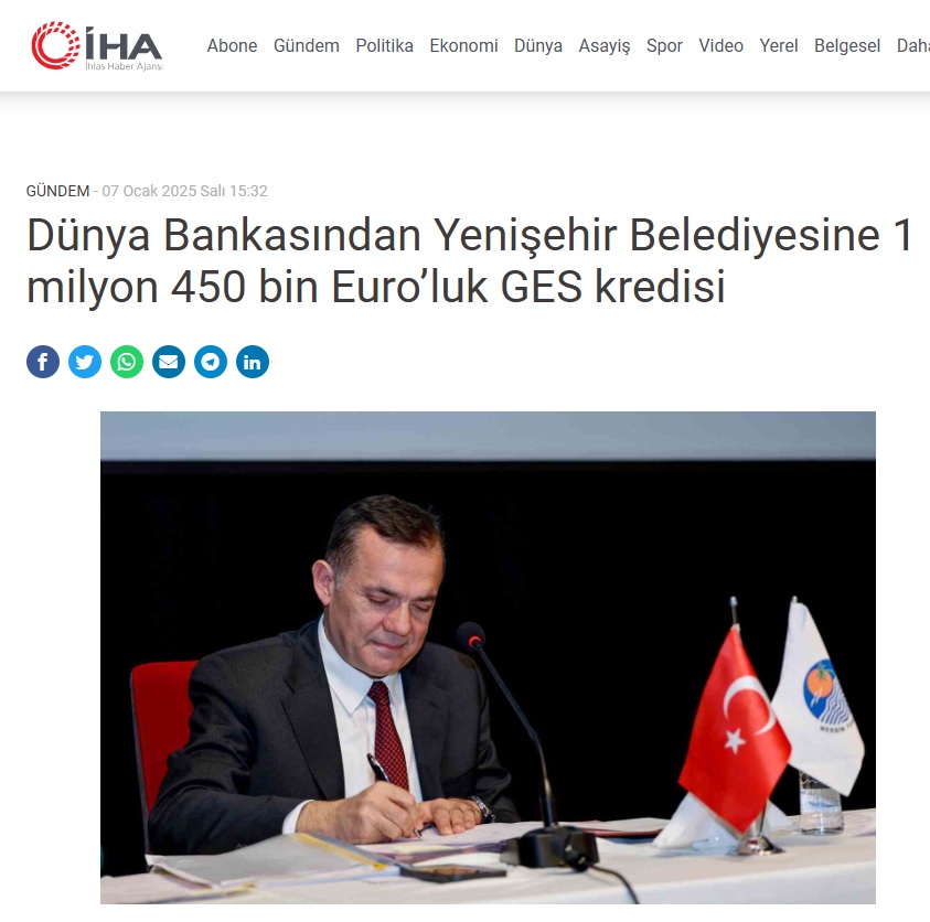 Dünya Bankasından Yenişehir Belediyesine 1 milyon 450 bin Euro’luk GES kredisi