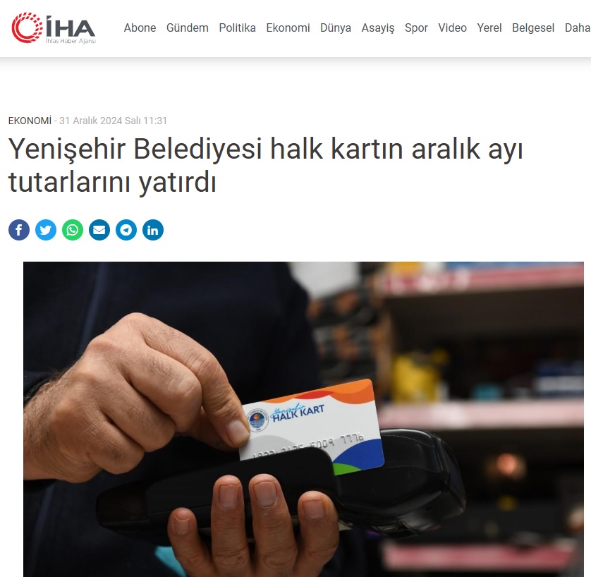 Yenişehir Belediyesi halk kartın Aralık ayı tutarlarını yatırdı