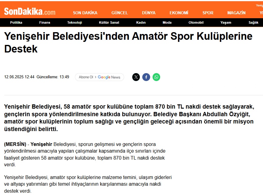 Yenişehir Belediyesinden amatör spor kulüplerine 870 bin TL’lik nakdi destek