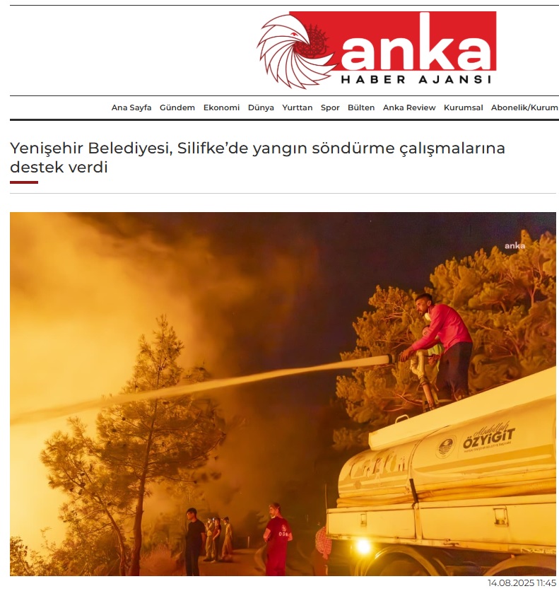Yenişehir Belediyesi Silifke’de yangın söndürme çalışmalarına destek verdi