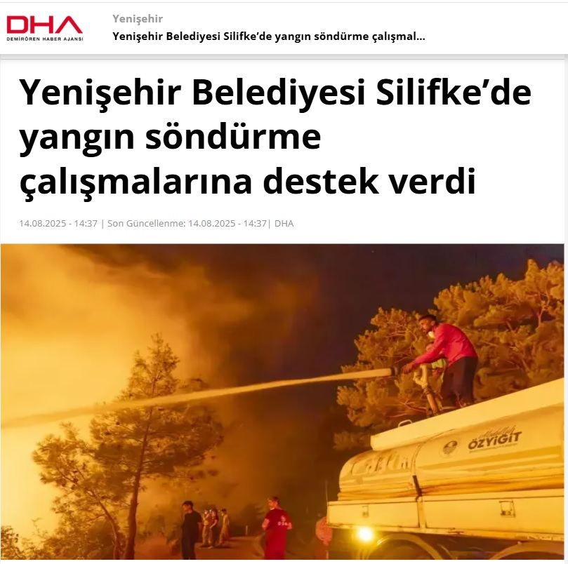 Yenişehir Belediyesi Silifke’de yangın söndürme çalışmalarına destek verdi