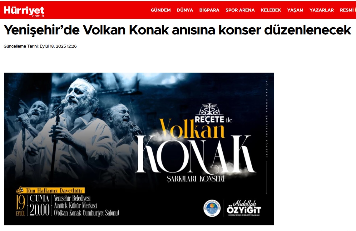 Yenişehir’de Volkan Konak anısına konser düzenlenecek