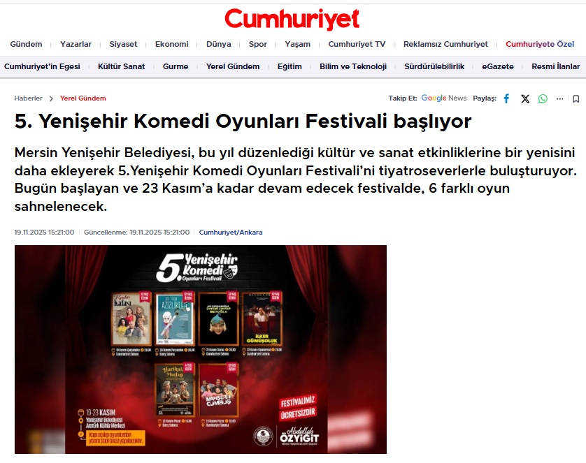 5. Yenişehir Komedi Oyunları Festivali Başlıyor