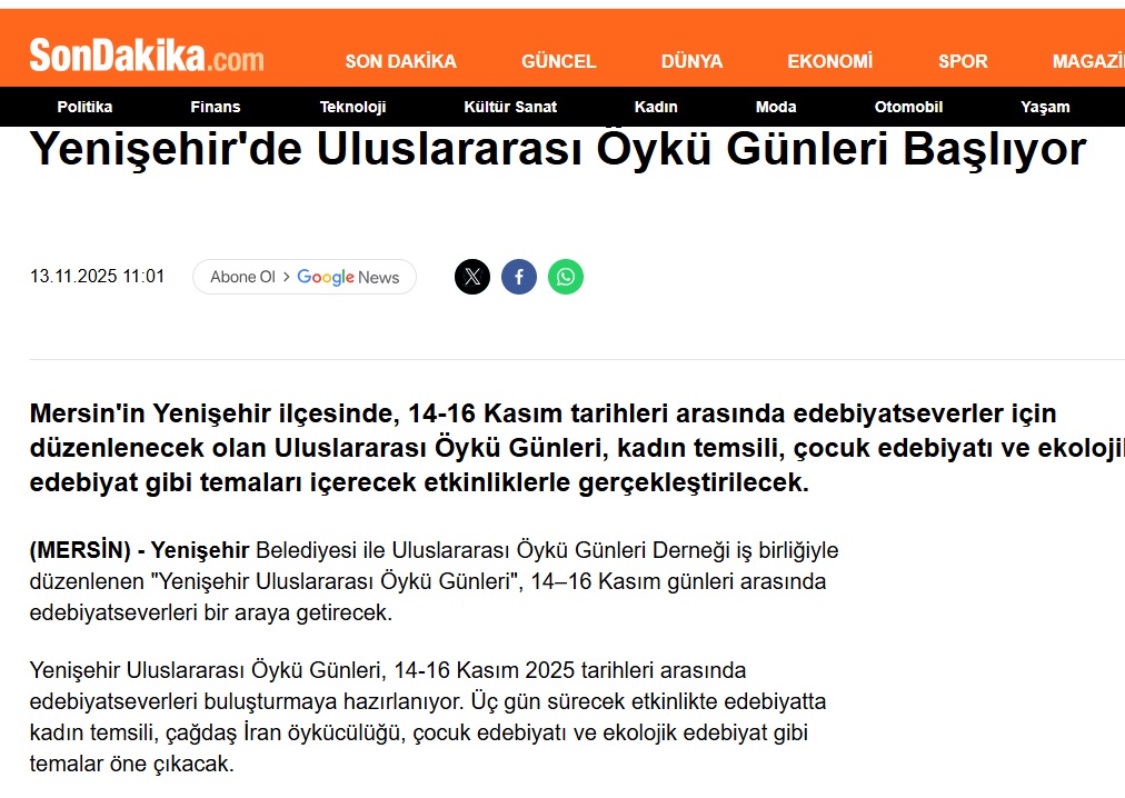 Yenişehir Uluslararası Öykü Günleri yarın başlıyor