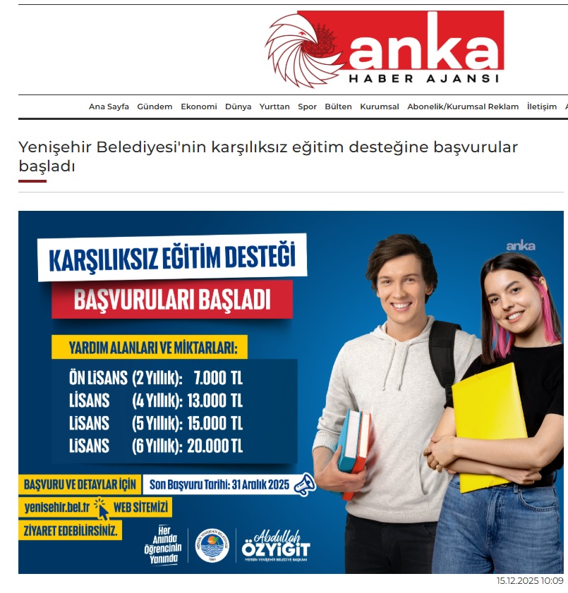 Yenişehir Belediyesinin Karşılıksız Eğitim Desteği Başvuruları Başladı