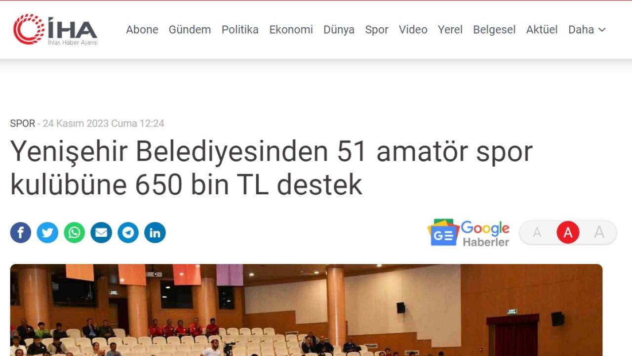 Yenişehir Belediyesinden 51 amatör spor kulübüne 650 bin TL destek