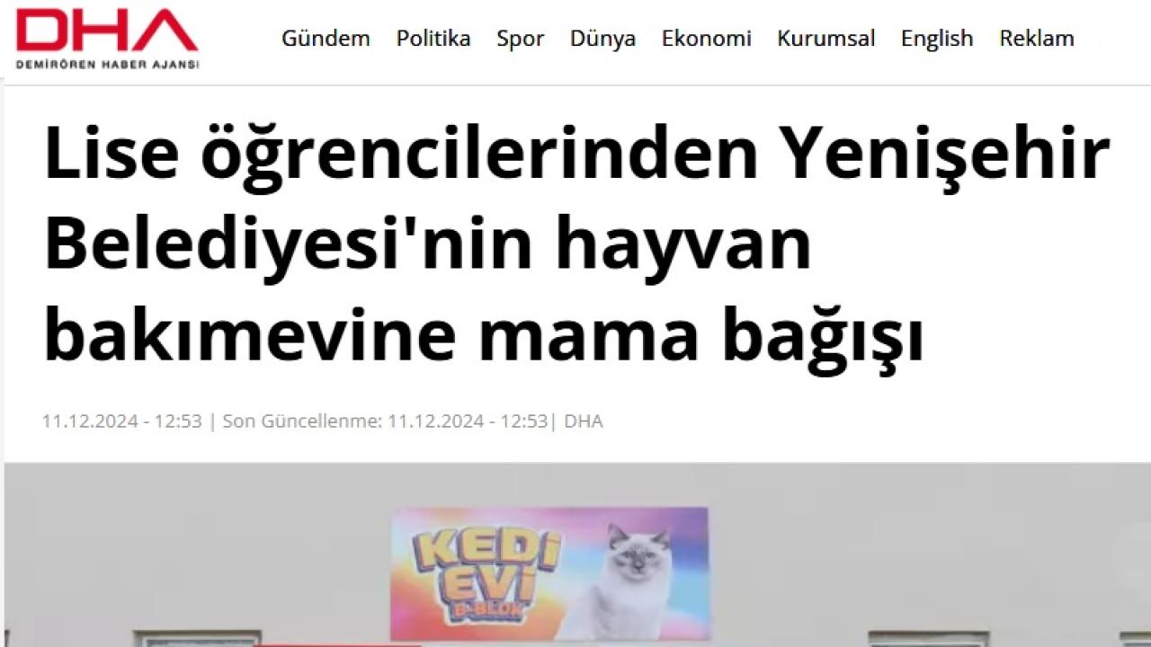 Lise öğrencilerinden Yenişehir Belediyesinin hayvan bakımevine mama bağışı