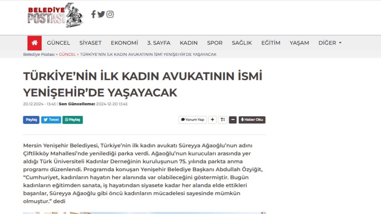 TÜRKİYE’NİN İLK KADIN AVUKATININ İSMİ YENİŞEHİR’DE YAŞAYACAK