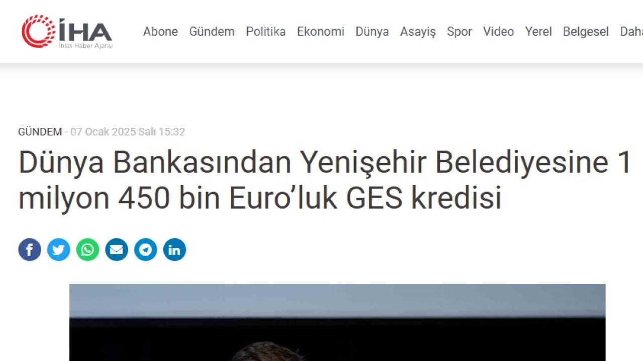 Dünya Bankasından Yenişehir Belediyesine 1 milyon 450 bin Euro’luk GES kredisi