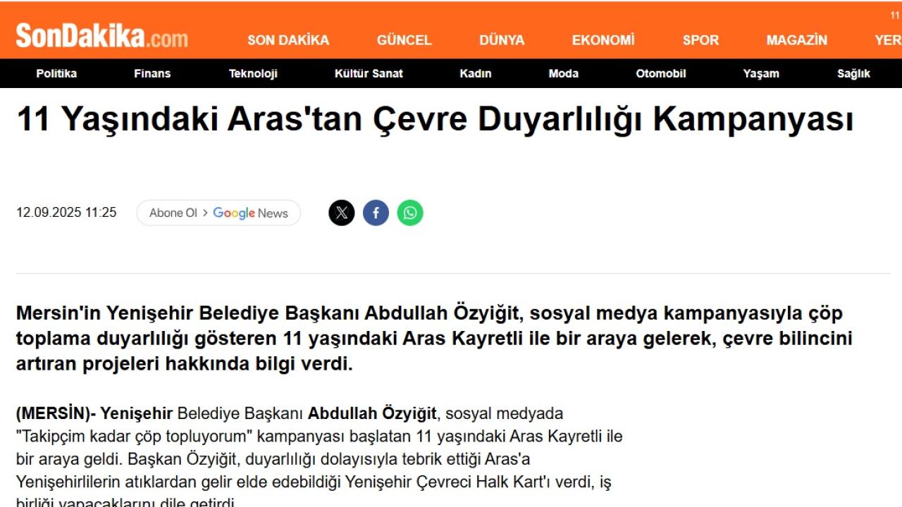 Başkan Abdullah Özyiğit, minik çevreci Aras Kayretli ile buluştu