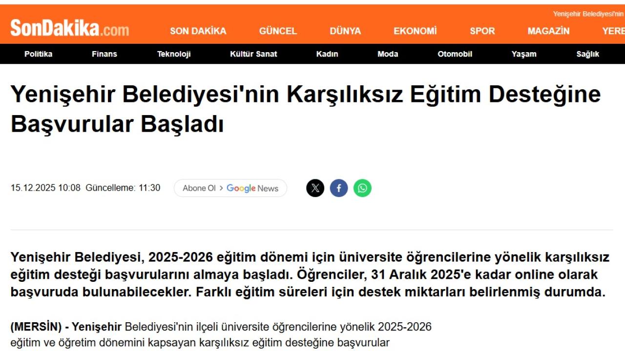 Yenişehir Belediyesinin Karşılıksız Eğitim Desteği Başvuruları Başladı