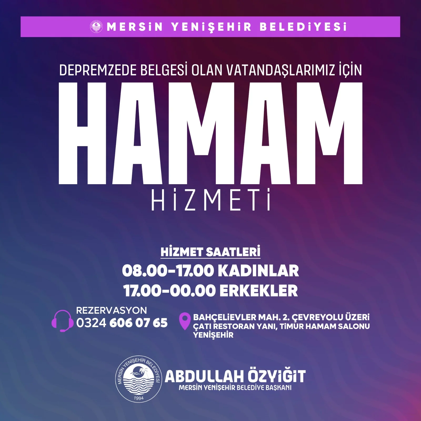 Yenişehir Belediyesinden depremzedeler için hamam hizmeti